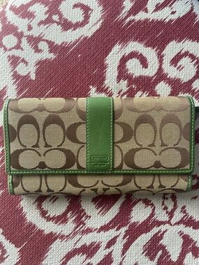 Vintage Y2K Coach Signature Long Wallet with Green Trim